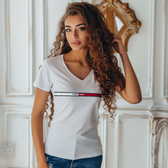 koszulka damska tommy jeans biala v dekolt